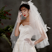 新娘结婚主婚纱头纱超仙森系网红拍照道具珍珠蝴蝶结头饰蓬蓬白