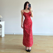 IAEY美式复古红色碎花吊带长裙纯欲风性感甜美收腰露背气质连衣裙