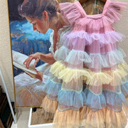 韩版女童夏装层层蛋糕纱裙，2023夏季女宝飞袖吊带彩虹连衣裙子