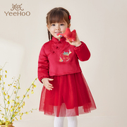 商场同款英氏童装新年裙子，红冬季女童宝宝加绒连衣裙