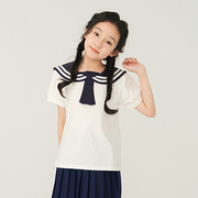 女童短袖T恤儿童海军领上衣白色学院风夏装中大童可爱夏季短袖