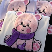 jwneed粉色小熊短袖男女，夏季可爱毛茸茸3d立体围巾，小众情侣装t恤