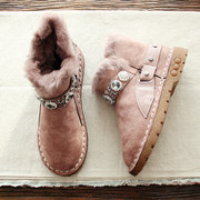 秋冬雪地靴保暖靴兔毛短靴，加绒平底女靴圆头，亮钻学生靴休闲靴