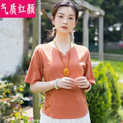 民族风女装复古绣花亚麻短袖，t恤中国风唐装，棉麻v领上衣女短款小衫