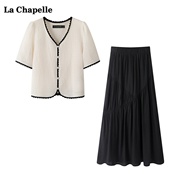 拉夏贝尔lachapelle夏设计(夏设计)感泡泡袖，v领衬衫半身裙两件套套装女