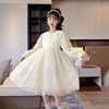 女童裙子春季装娃娃领米白色盘扣改良版旗袍连衣裙长款女童纱裙