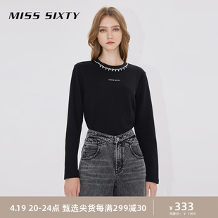 Miss Sixty长袖T恤女重工钉珠圆领设计简约字母印花短款显瘦上衣