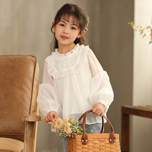女童长袖衬衫秋季韩版女孩可爱泡泡，袖白色上衣，淑女打底衫雪纺衫