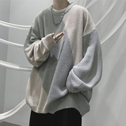 圆领毛衣男款冬季美式潮牌线衣，外套设计感小众拼接撞色针织衫