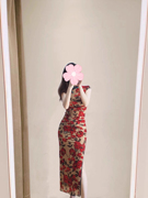 dvf2023夏季红色复古玫瑰花甜美包身旗袍，式网纱气质连衣裙