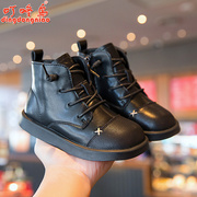 儿童冬季加绒低筒靴2023韩版男童保暖鞋子女童拼色马丁靴短靴