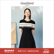 goodland美地女装夏季时尚黑白，撞色复古圆领收袖连衣裙