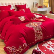 高档中式结婚四件套大红色龙凤，刺绣被套床单纯棉，婚庆床上用品婚房