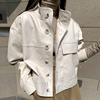 韩国chic秋季简约百搭立领单排扣宽松长袖休闲开衫，皮衣机车服外套
