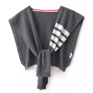 100%羊毛披肩女打结TB条纹针织羊绒外搭坎肩空调房保暖围巾多功能