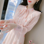 2022年春装雪纺连衣裙女气质温柔风仙女超仙森系粉色连衣裙
