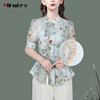中式雪纺衫女短袖改良上衣中国风立领盘扣，碎花衬衫2024夏季轻国风