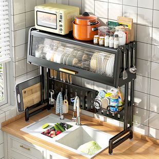 厨房多功能可伸缩水槽，置物架台面收纳碗柜带门碗碟盘沥水架储物柜