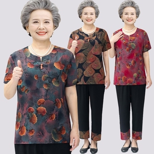 中老年人夏装女奶奶装纯棉绸套装妈妈，短袖t恤60-70岁老人衣服夏季