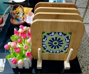 竹木复古浮雕陶瓷花砖，隔热砂锅垫家用创意厨房，餐垫防烫桌垫杯垫