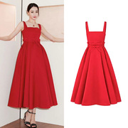 迪丽热巴同款红色，高级感蝴蝶结吊带连衣裙，女气质收腰礼服蓬蓬长裙