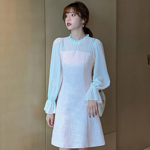 韩版女装甜美公主风荷叶边不规则立领耸肩长袖收腰修身拼接连衣裙