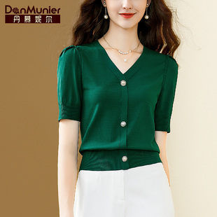 丹慕妮尔绿色时尚v领短袖薄款针织衫女夏季气质修身显瘦上衣