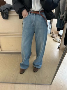 韩国G.L宽松显瘦时尚高腰设计感垂感直筒加绒磨毛拖地裤牛仔长裤