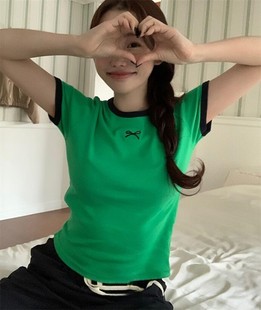 Unique SEI 韩版简约夏季复古绿经典拼色蝴蝶结紧身小版型短袖T恤