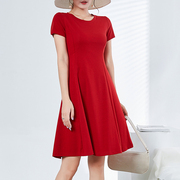 夏季短袖修身酒红色法式裙中长款显瘦针织纯色气质圆领连衣裙