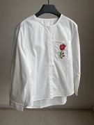 中式风100%高支棉，圆领玫瑰刺绣白衬衫宽松廓形长袖上衣女款