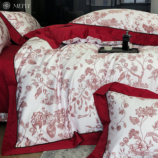 轻奢高级感婚庆100s长绒棉床单，四件套纯棉结婚喜被罩红色床上用品