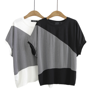 2023夏季韩版大码女士套头衫，胖mm宽松圆领，拼色条纹蝙蝠袖t恤