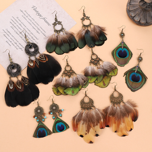 复古孔雀羽毛流苏耳环，波西米亚小众设计度假民族，风长款气质耳饰女