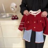 女童冬季套装2024小香新年红针织，开衫外套加绒牛仔裤两件套