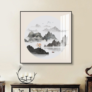 新中式玄关装饰画风景，山水画走廊过道壁画客厅，方形餐厅办公室挂画