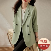 绿色西装外套女2023秋冬季小个子宽松廓形今年流行双排扣西服