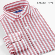 第五季男衬衫通勤休闲长袖，纯棉泡泡纱红白，条纹高级感温莎领衬衣潮