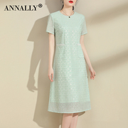 annally2024夏季女装连衣裙浅绿色，蕾丝宽松中长款女短袖a字裙