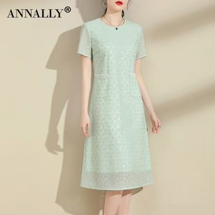 Annally2024夏季女装连衣裙浅绿色蕾丝宽松中长款女短袖A字裙