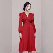 正式场合小礼服连衣裙高级感缎面红色敬酒服新娘2022秋冬长裙