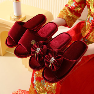 思泽拖鞋红色新娘新郎婚礼拖鞋绸缎露趾一对结婚拖鞋红色情侣男女