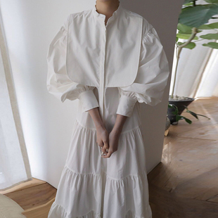 韩国chic秋季法式气质立领宽松褶皱，层次感设计灯笼袖连衣裙长裙女