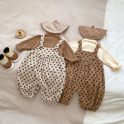 2024ins春季婴儿连体衣圆点，灯芯绒爬服宝宝，纯色打底衫背带裤套装