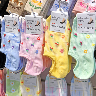 韩国春夏袜子马卡龙(马，卡龙)清新少女风船袜，草莓花朵防脱隐形薄棉7078