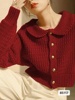 法式短款娃娃领针织开衫女早春季复古设计感红色毛衣外套上衣