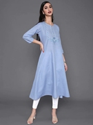 野人小饰印度女装纯棉刺绣，民族风七分袖长款上衣，圆领优雅蓝色