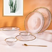 日式金边玻璃碗盘套装餐具日式锤目纹冰川沙拉碗玻璃碗盘碟套装