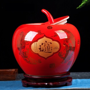 景德镇陶瓷罐子中国红牡丹，结婚客厅装饰品储物罐瓷红苹果摆件