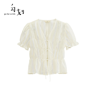 GOFAR勾划 法式抽绳系带短袖衬衫女夏季性感镂空上衣36243